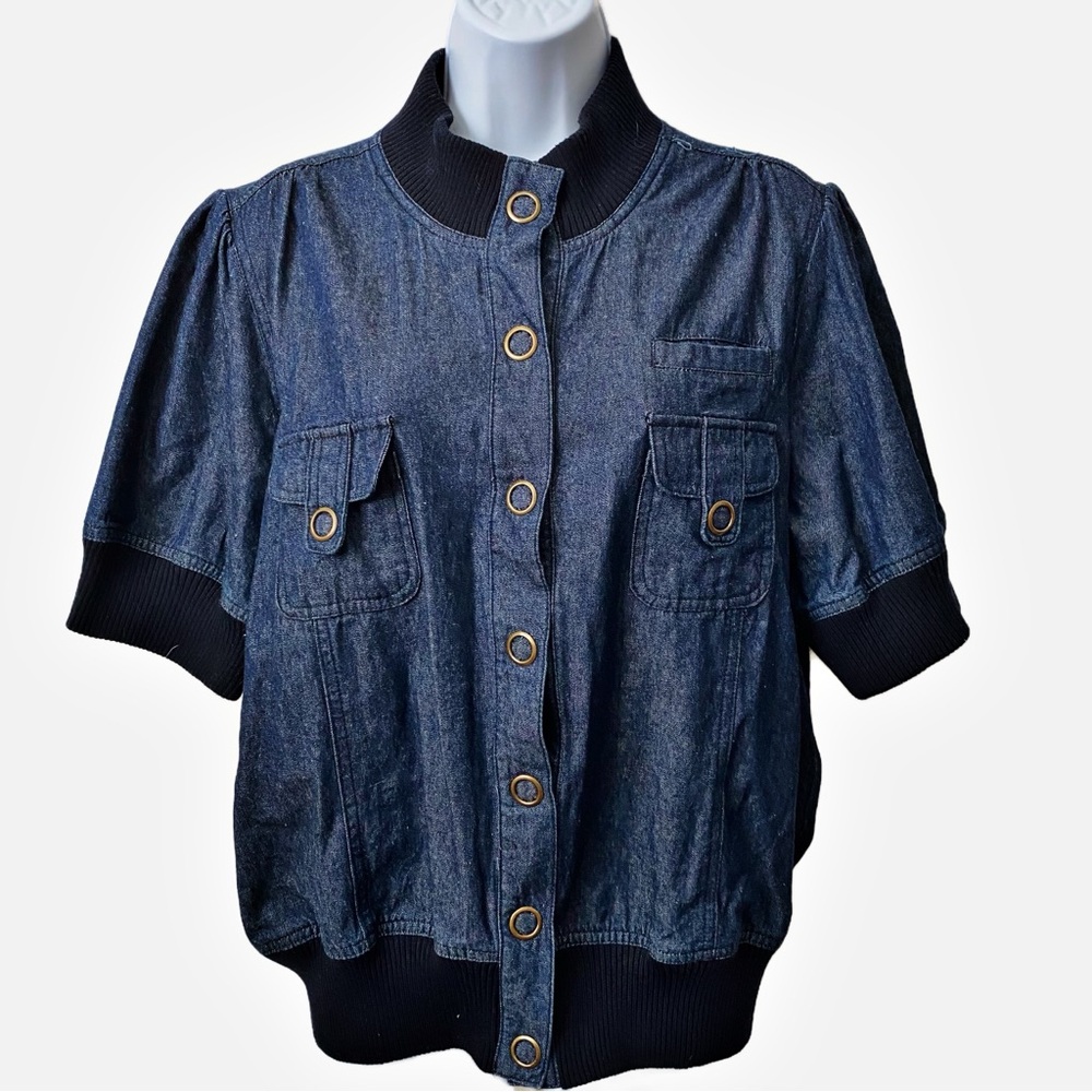 Missphit, Short Sleeve Snap Button Jacket with Black Trim All Cotton
